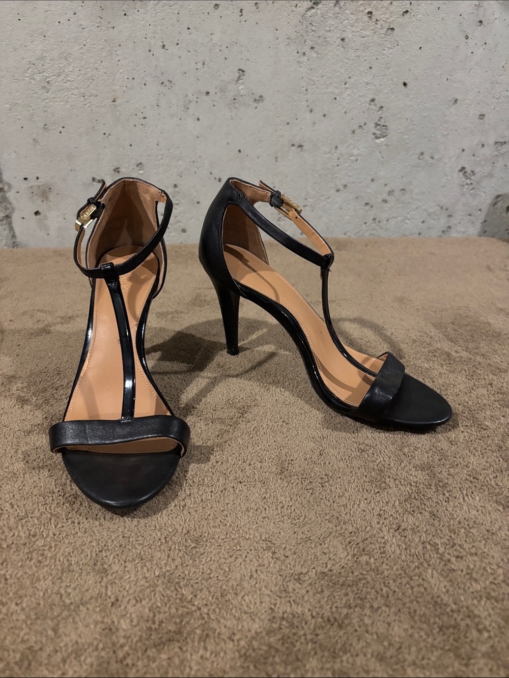 Calvin Klein Leather and Patent Black T-Strap High Heel Sandals - Size 6.5